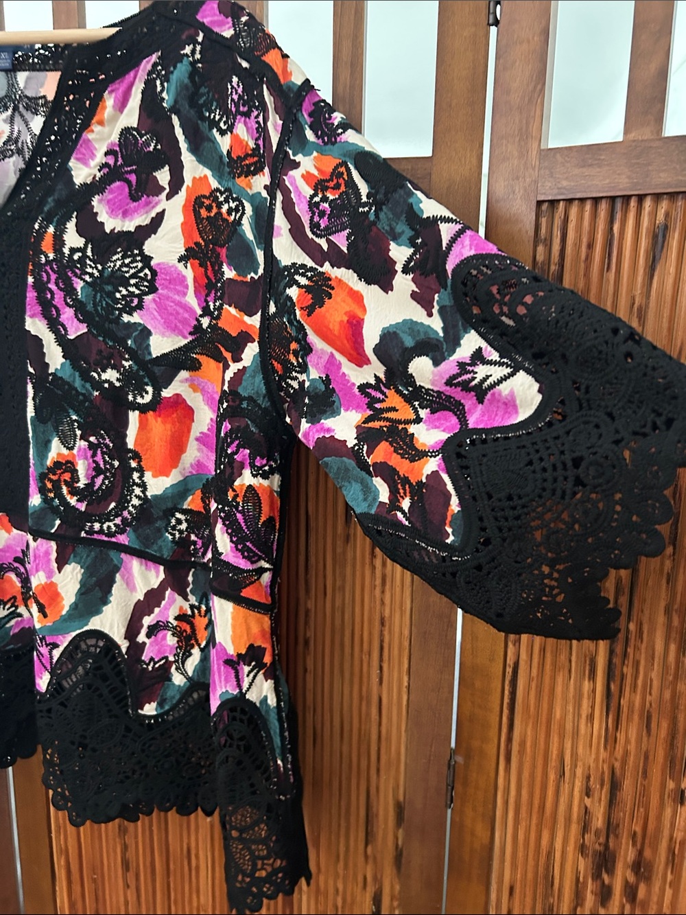 Democracy Floral V-Neck Tunic with Black Crochet Trim in Purple, Orange & Green - Picture 9 of 16